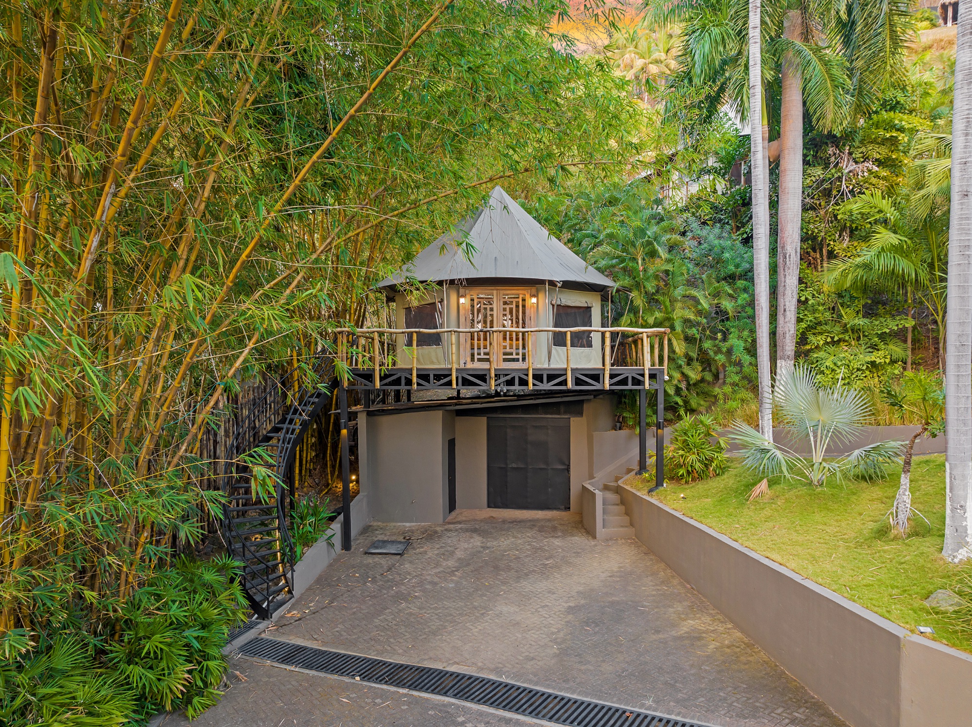 Bamboo tent exterior surrounded by jungle